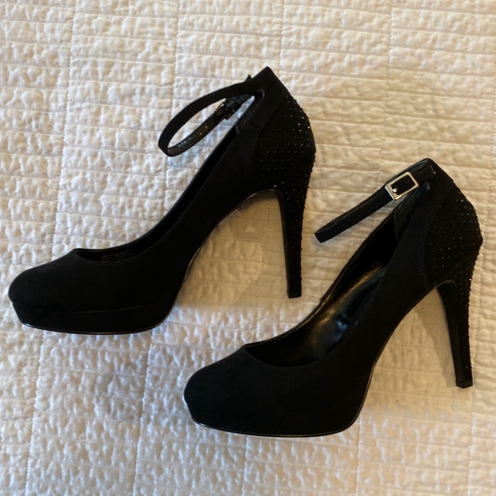 New in box. Style & Co. black suede stilettos with rhinestone heels.